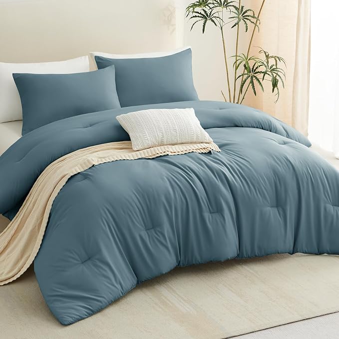 CozyLux Full Size Comforter Set Mineral Blue, 3 Pieces Solid Breathable Quilted - Image 7