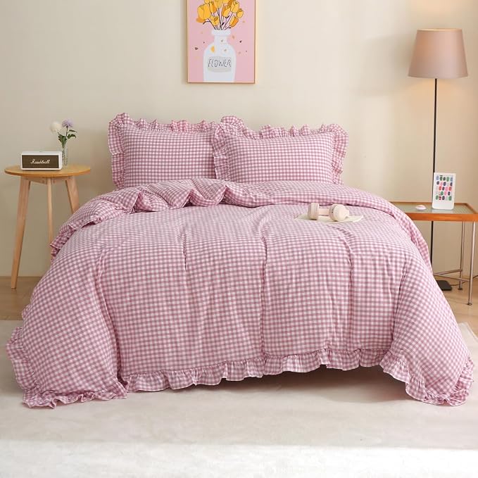 Silnuo Vintage Pink/White Plaid Ruffle 3-Piece Duvet Cover Set Queen Size by Silnuo