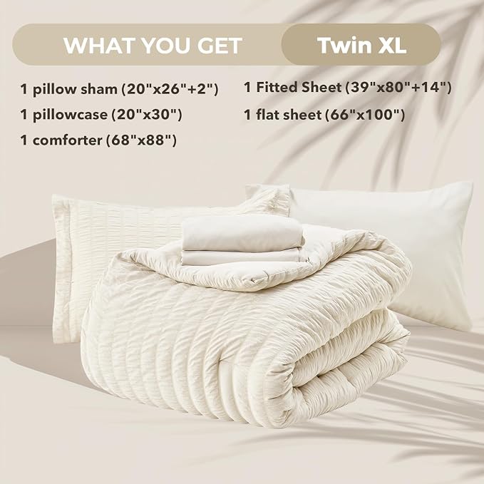 HYMOKEGE Ivory Twin XL Comforter Set Seersucker 5 Pieces, All Season Luxury Bed - Image 5