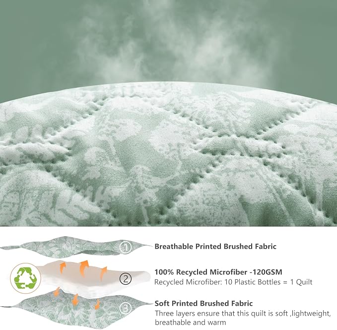 GOONE XL King Quilt Set 106"x96", Sage Green Leaf Botanical Boho Bedspread - Image 6