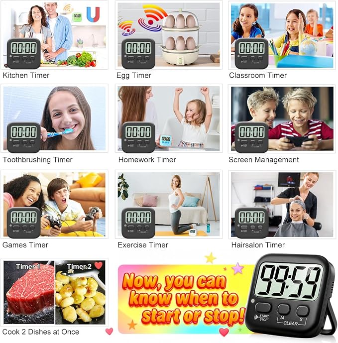Antonki 2 Pack Digital Timer for Kids, Magnetic Countdown Kitchen Timers for - Image 7