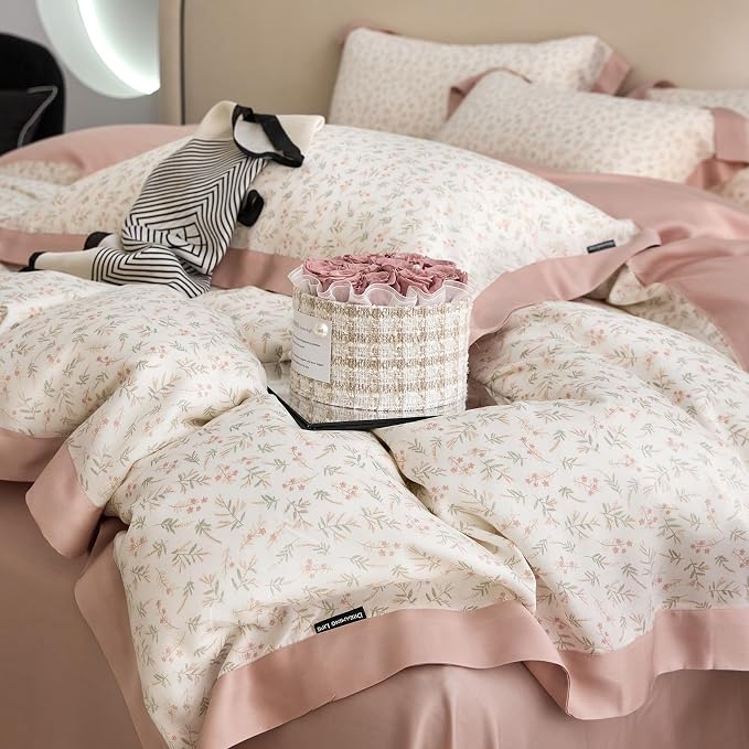 mixinni Pink White Floral Duvet Cover Twin XL Size Green Leaves Cute Flower - Image 6