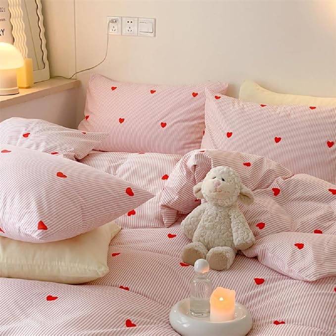 Nayoroom Heart Duvet Cover Queen Size Cute Pink Striped Printed Bedding Set by Nayoroom