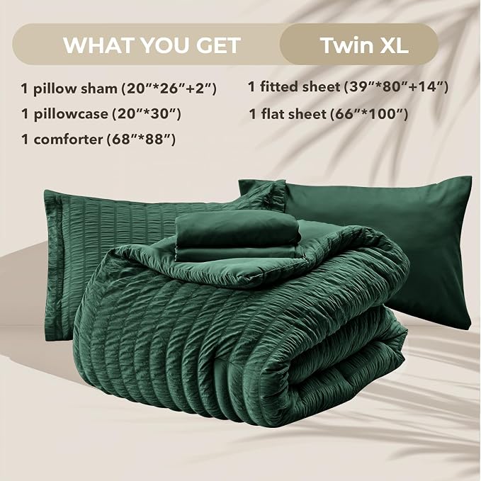 HYMOKEGE Emerald Green Twin XL Comforter Set Seersucker 5 Pieces, All Season - Image 6