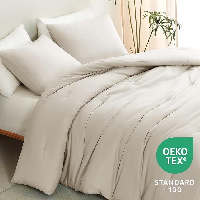 CozyLux Beige Queen Comforter Set, 3 Pieces Boho Solid Breathable Quilted Style - Image 3