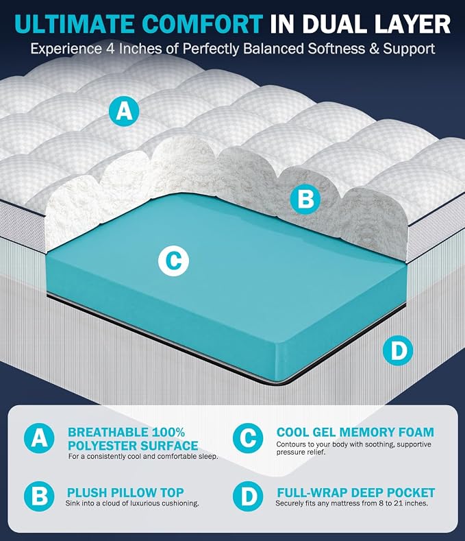 Dual Layer 4 Inch Memory Foam Mattress Topper King Size, Mattress Pad Cover - Image 2