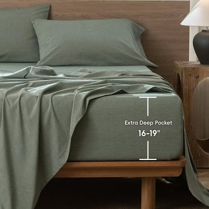 MooMee Fitted Bottom Sheet Only 100% Washed Cotton Linen Like Textured - Image 2