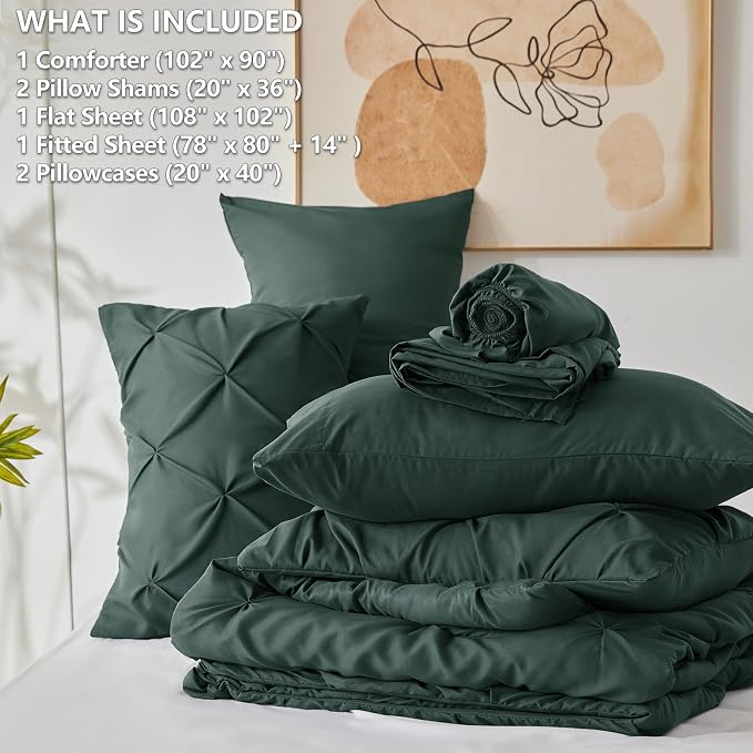 CozyLux King Size Comforter Set Forest Green, 7 Pieces Pintuck Bed in A Bag - Image 6