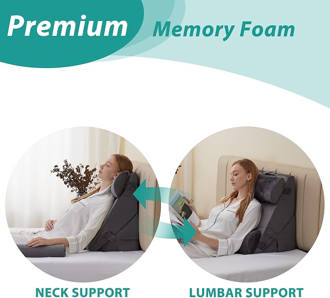 Bedluxe Adjustable 4pcs Bed Wedge Pillow Set, Memory Foam Wedge Pillows Post - Image 3