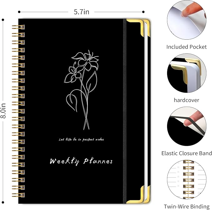 Undated Weekly Planner with Metal Corner Hardcover Notebook, A5 Size Journal - Image 2