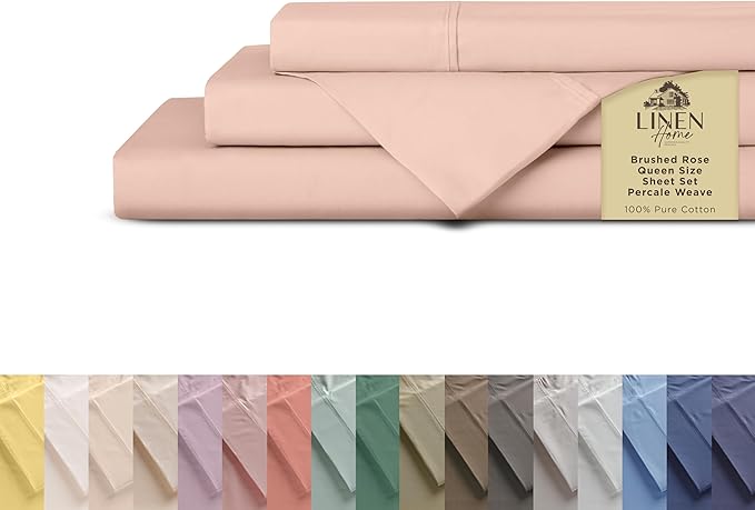 Linen Home 100% Cotton Percale Sheets Queen Size, Brushed Rose, Deep Pocket by LINENHOME