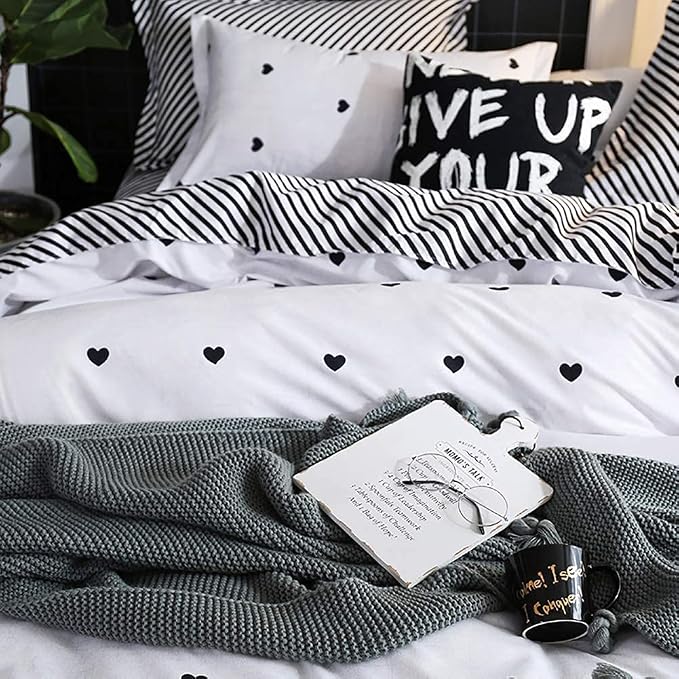 Omelas Kids Heart Love Twin Duvet Cover Set Black and White Teens Girls Lovely - Image 4