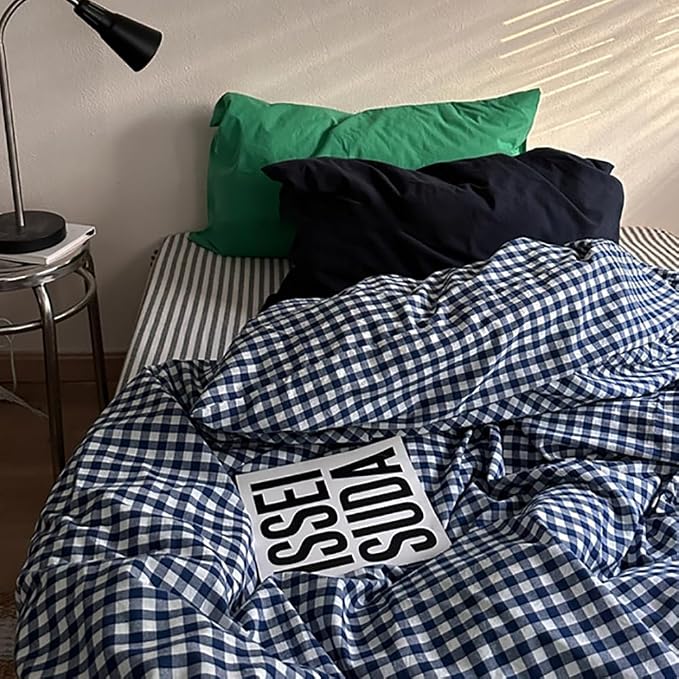 Nayoroom Navy Blue Gingham Duvet Cover Queen Size 100% Washed Cotton Plaid - Image 2