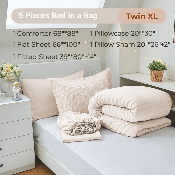 MUXHOMO 5 Pieces Twin XL Comforter Set, Seersucker Bed in a Bag Twin XL Size - Image 4