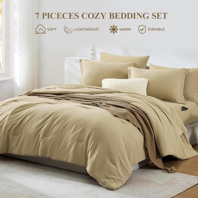 WRENSONGE Queen Comforter Set- 7 Pieces Soft Taupe Bed in a Bag Queen Size - Image 3
