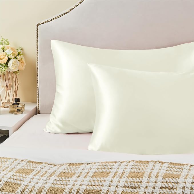BEDELITE Satin Pillowcase with Zipper, Ivory King Size Pillow Cases Set of 2 - Image 6