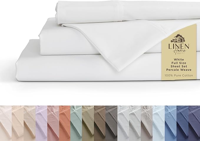 Linen Home 100% Cotton Percale Sheets Full Size, Deep Pocket, 4 Pieces Set by LINENHOME