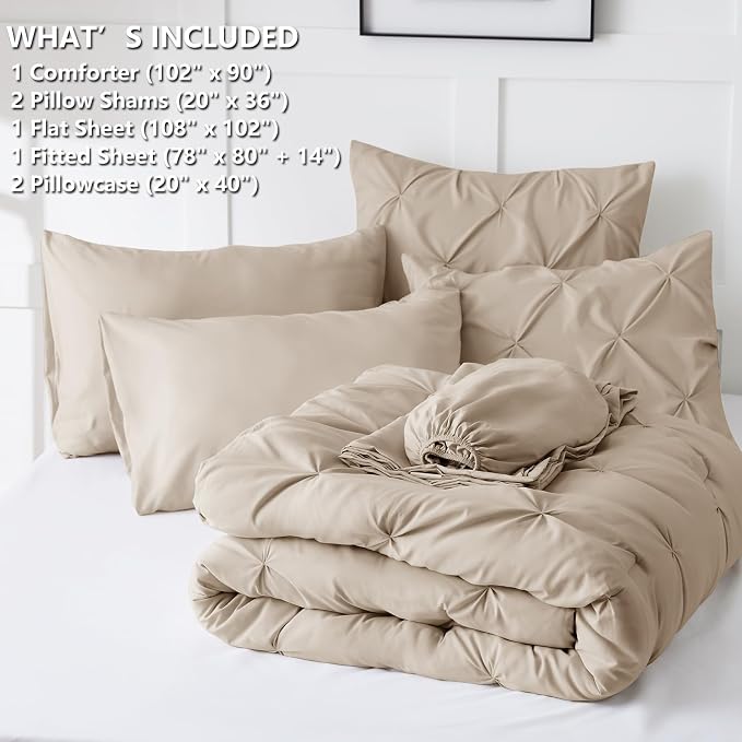 CozyLux King Size Comforter Set Wheat, 7 Pieces Pintuck Bed in A Bag Wheat - Image 6
