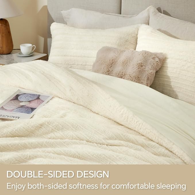 BEDELITE Fleece Queen Comforter Set -Super Soft & Warm Fluffy Cream White Faux - Image 4