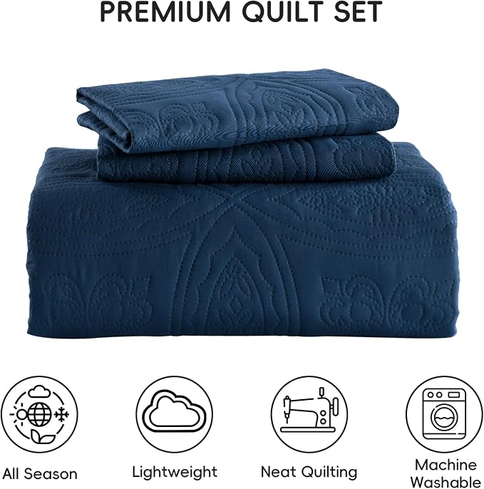 Yiran Navy Blue Quilt Set Queen Size Lightweight Bedspread Embossed Pattern - Image 8