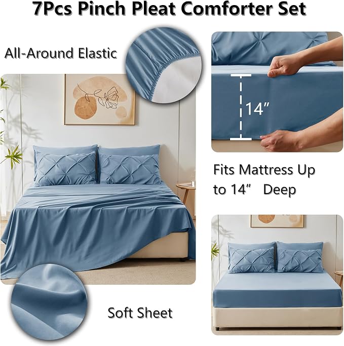 CozyLux Queen Comforter Set Grayish Blue, 7 Pieces Pintuck Bed in A Bag - Image 5