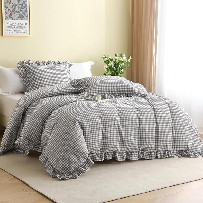Silnuo Grey/White Checkered Ruffle 3-Piece Duvet Cover Set Queen Size, Washed by Silnuo