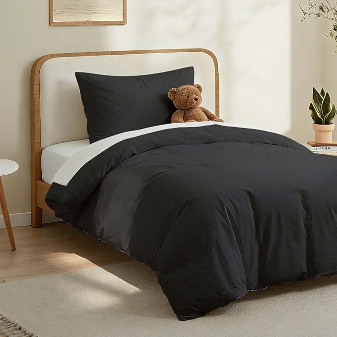 LOVQUE Black Duvet Cover Twin Size, 100% Washed Cotton Linen Like Bedding Set - Image 2