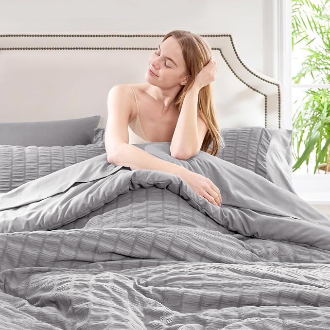 CozyLux Queen Comforter Set Grey Seersucker 7 Pieces Bed in a Bag Queen - Image 5