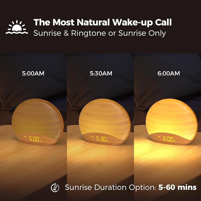 REACHER Natural Wood Grain Sound Machine Sunrise Alarm Clock，26 Nature Inspired - Image 2