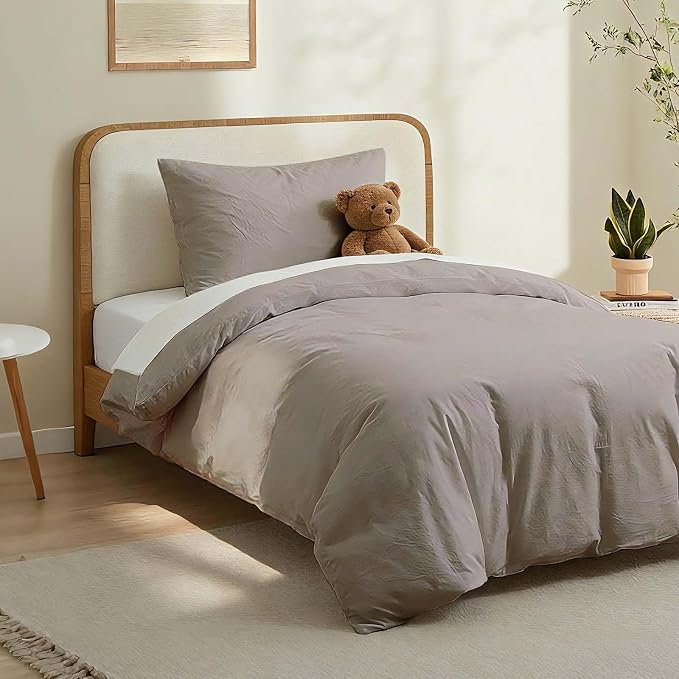 LOVQUE 100% Cotton Duvet Cover Set Twin Size, Mauve Brown Linen-Like Natural - Image 2