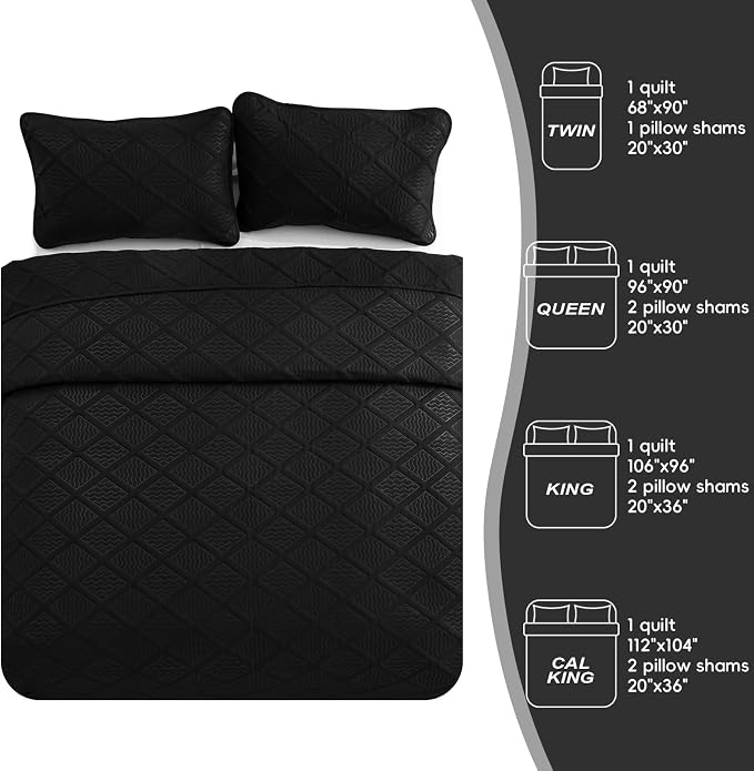 Yiran Black Quilt Set King Size Bedding Set Fall Bedspreads Embossed Diamond - Image 8