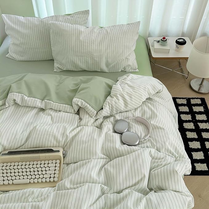 Nayoroom Green Striped Duvet Cover Queen Size 100% Washed Cotton Duvet Cover by Nayoroom