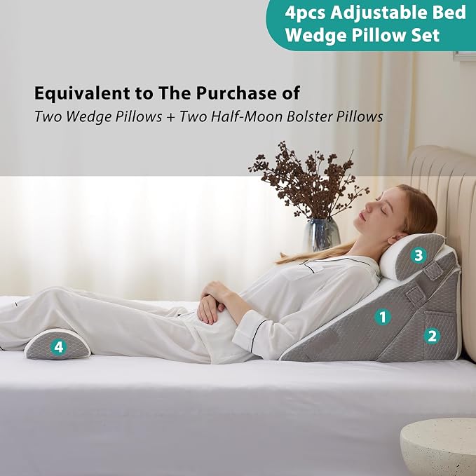 Bedluxe Adjustable 4pcs Bed Wedge Pillow Set, Memory Foam Wedge Pillows Post - Image 6