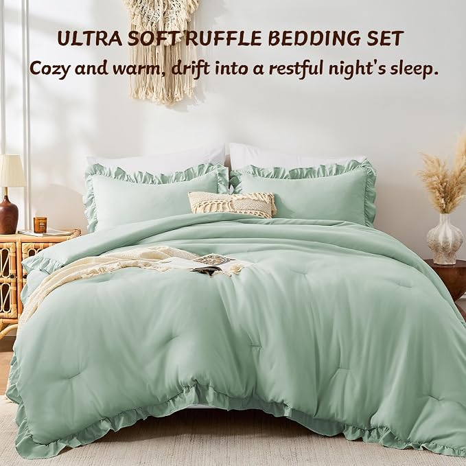 FUANNA Full Size Comforter Sets Sage Green, 3 Pieces Ruffle Full Size Bedding - Image 4