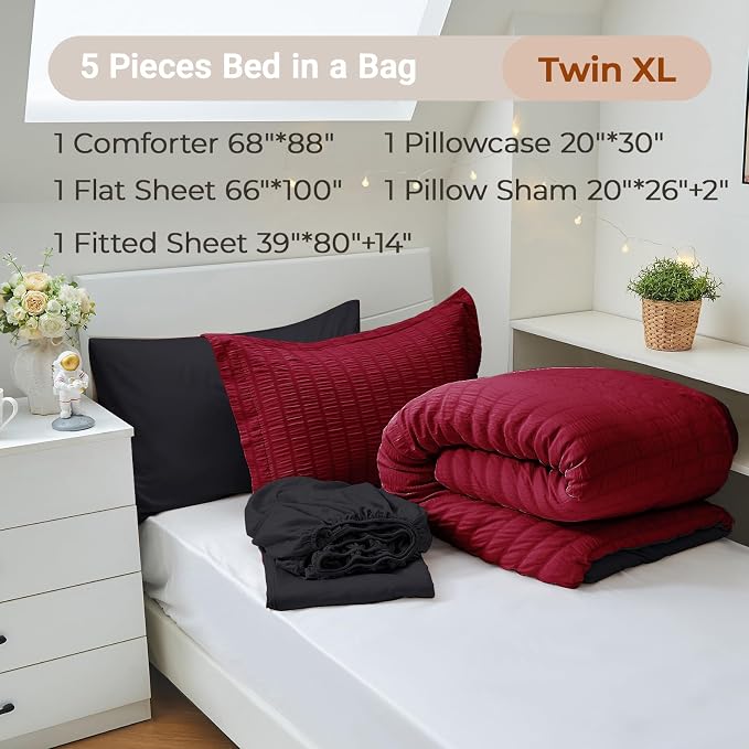 MUXHOMO 5 Pieces Twin XL Comforter Set, Seersucker Bed in a Bag Twin XL Size - Image 4