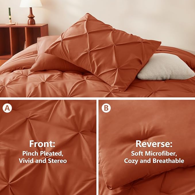 CozyLux Full Size Comforter Sets Burnt Orange, 7 Pieces Pintuck Bed in A Bag - Image 3