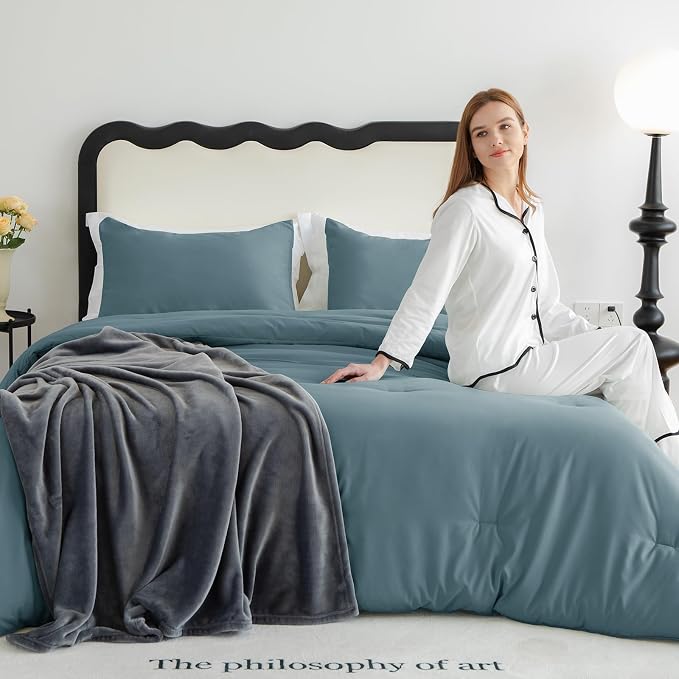 CozyLux Full Size Comforter Set Mineral Blue, 3 Pieces Solid Breathable Quilted - Image 9