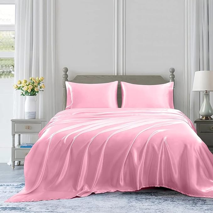 Homiest Pink Satin Flat Sheet for Full Mattress, Luxury & Ultra Soft Bedding - Image 5