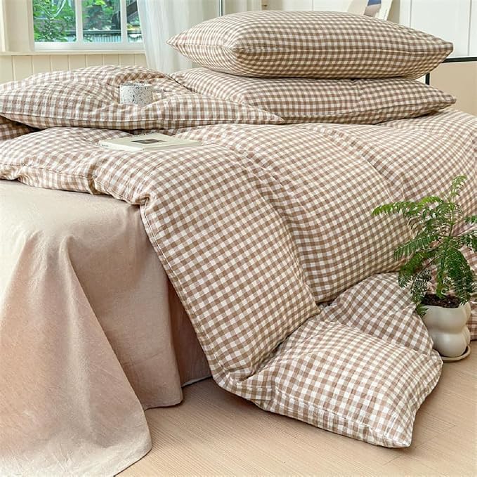 Nayoroom Brown Gingham Duvet Cover King Size Tan White Plaid Checkered Duvet - Image 5
