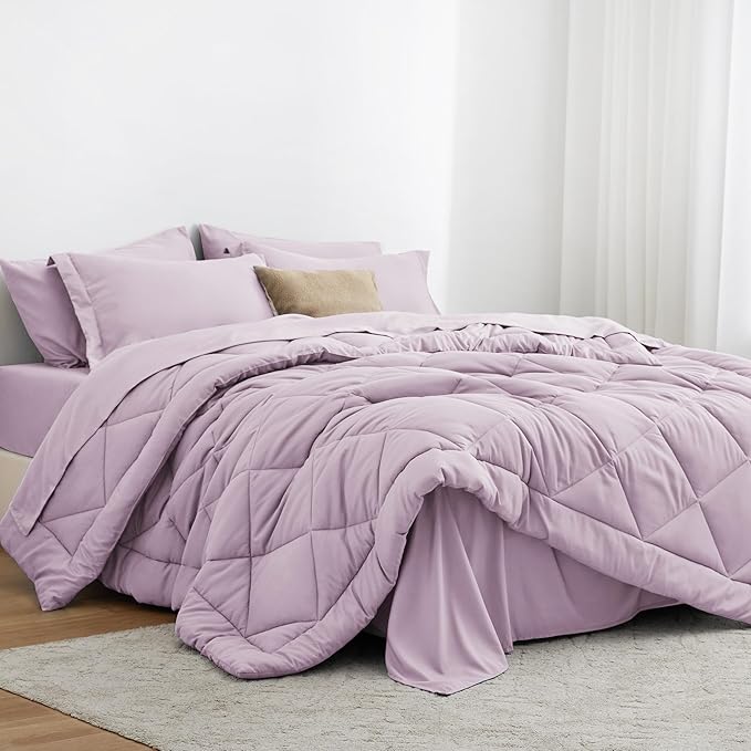 Love's cabin Queen Comforter Set Light Purple, 7 Pieces Queen Bed in a Bag by Lovescabin