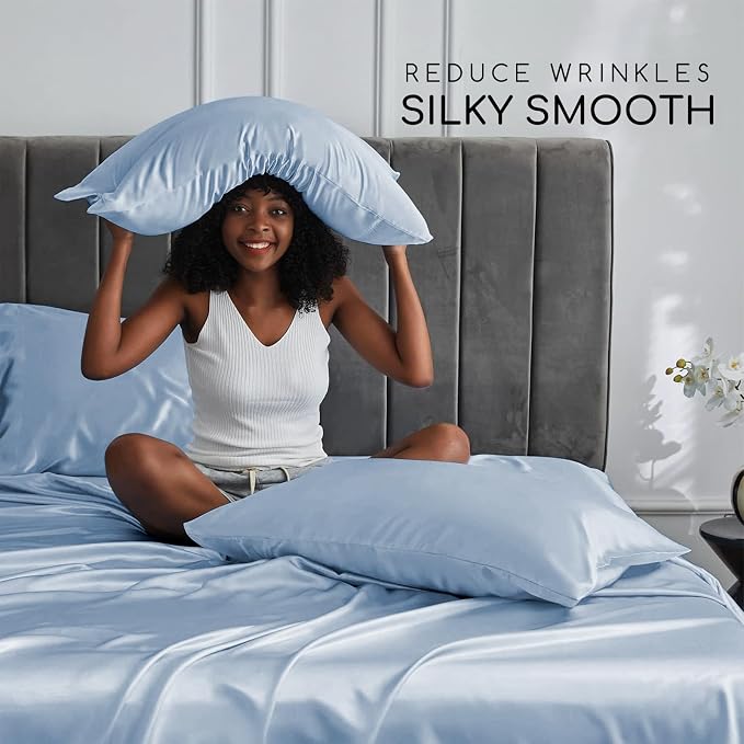 MR&HM Satin Bed Sheets with Elastic Corner Straps, King Size Sheets Set - Image 3