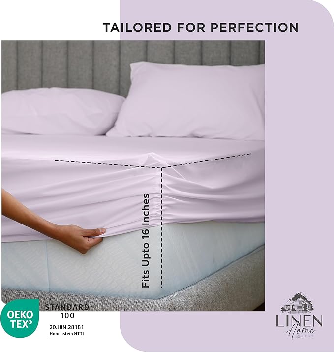 Linen Home 100% Cotton Percale Weave Fitted Sheet, Full Size, Iris Lilac - Image 3