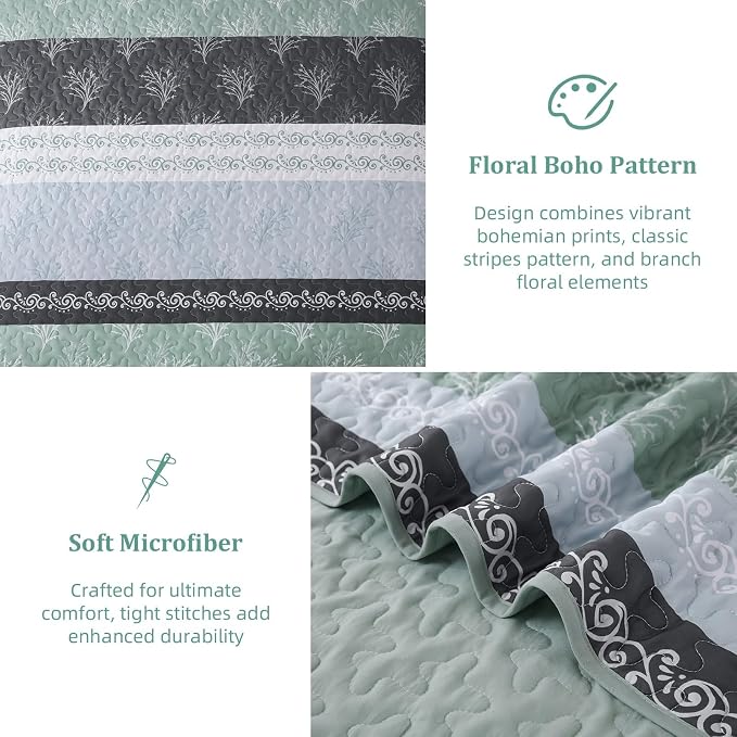 DJY Stripe Quilt Set Queen Size Sage Green Bedspread Coverlet Set 3 Pieces Boho - Image 6