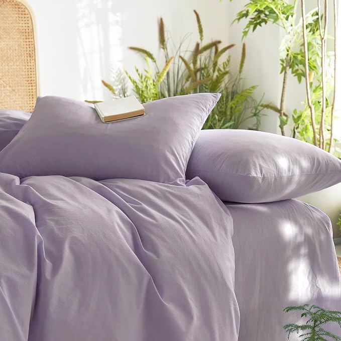 Wake In Cloud - Cotton Duvet Cover Set, Full Size, Light Purple, 100% Washed - Image 5