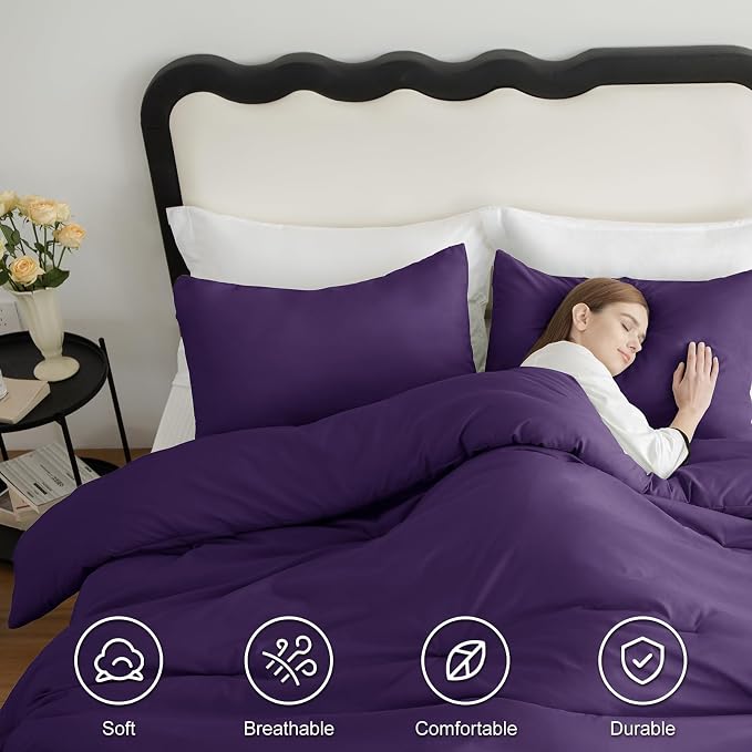 CozyLux Oversized King Comforter Set Purple, 3 Pieces 120x98 Solid Breathable - Image 5