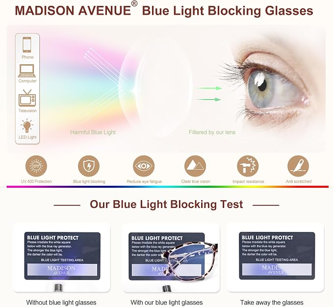 Madison Avenue TR90 Blue Light Blocking Glasses Anti Eyestrain UV Glare Blue - Image 4