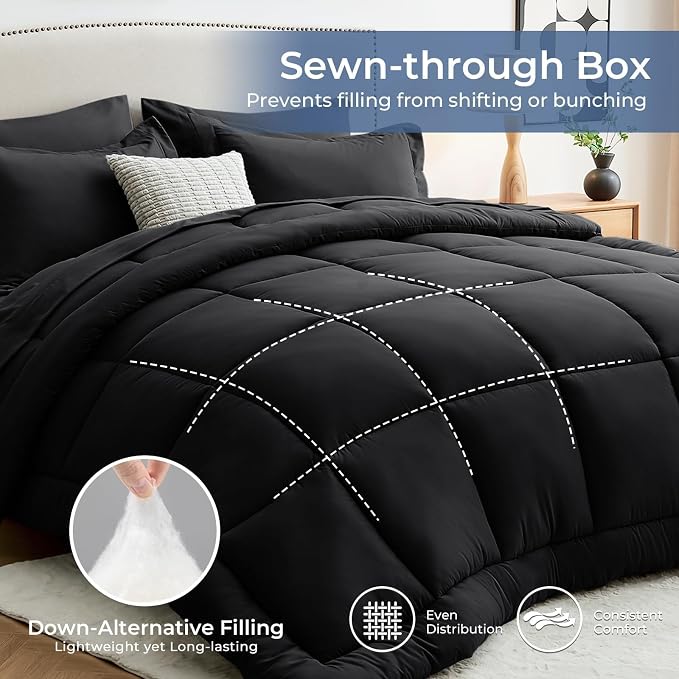 Sasttie California King Comforter Set Black, 7 Pieces Cal King Bed in a Bag - Image 3