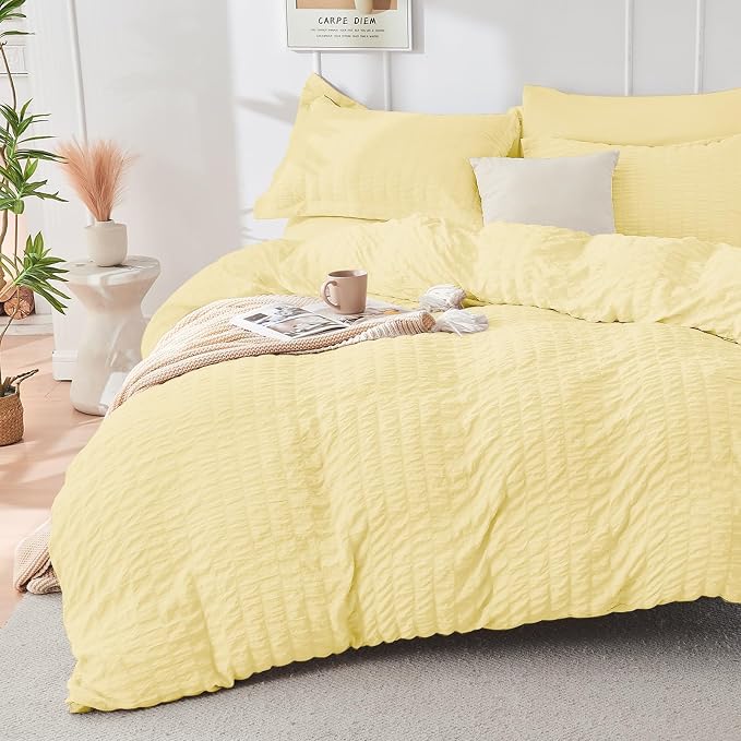HYMOKEGE Yellow California King Comforter Set Seersucker 7 Pieces, All Season - Image 2