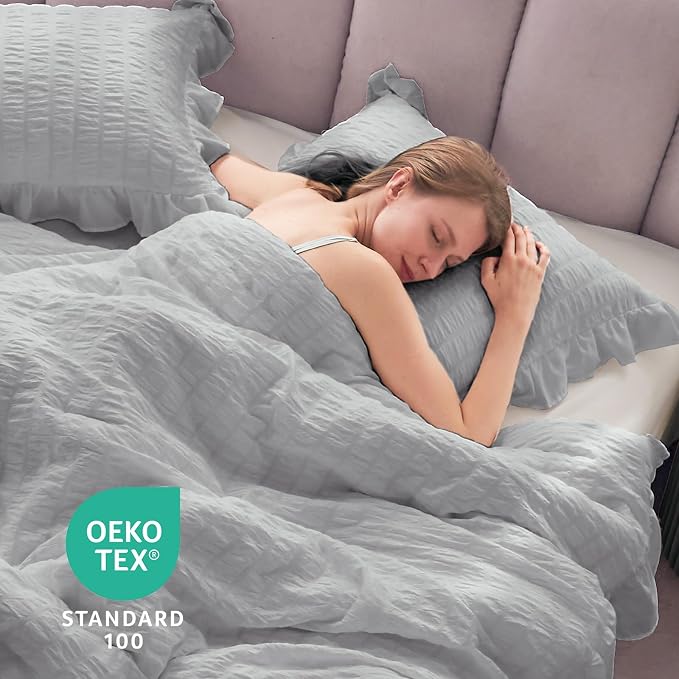 JOLLYVOGUE Light Grey King Comforter Set, 3 Pieces Seersucker Comforters King - Image 7