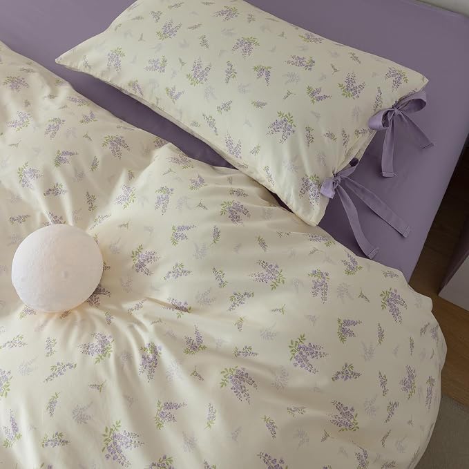 mixinni Lavender Flower Duvet Cover Queen Cotton Teenage Girls Flower Leaf - Image 4